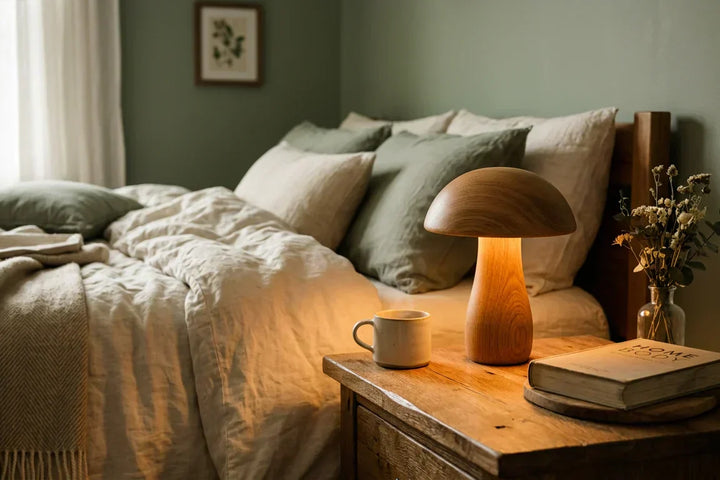 Lampe champignon en bois sur table de nuit, chambre cocooning vert sauge, lumière chaude 2700K — Tendre Veilleuse