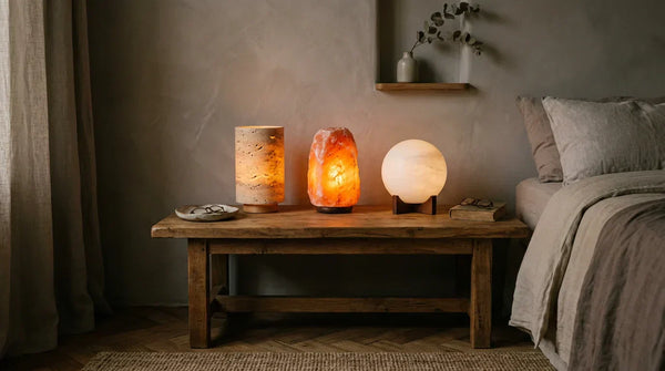 Lampe de chevet en pierre naturelle posée sur table de nuit bois massif, chambre adulte style Japandi cocooning — Tendre Veilleuse
