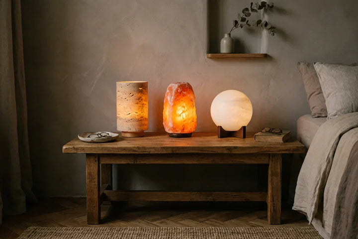 Lampe de chevet en pierre naturelle posée sur table de nuit bois massif, chambre adulte style Japandi cocooning — Tendre Veilleuse