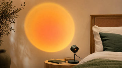 Lampe coucher de soleil projetant un halo orange et rose dans une chambre apaisante pour comparatif 2026
