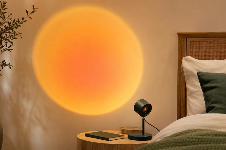 Lampe coucher de soleil projetant un halo orange et rose dans une chambre apaisante pour comparatif 2026