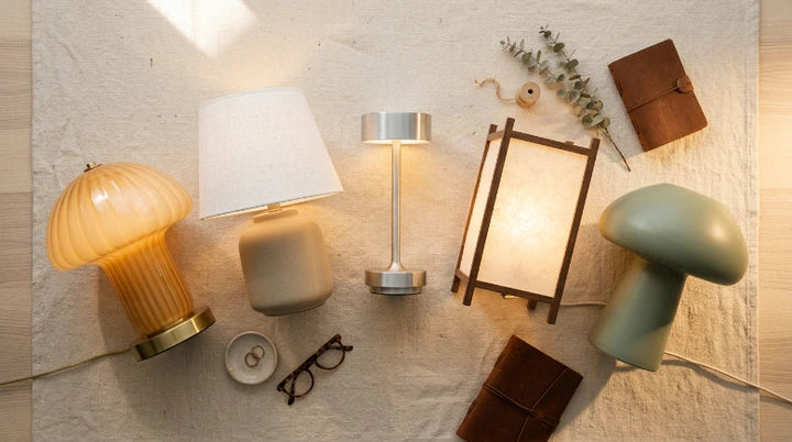 Guide des 5 styles de lampes de chevet design 2026 : champignon verre, céramique nordique, tactile aluminium et japonais washi — Tendre Veilleuse