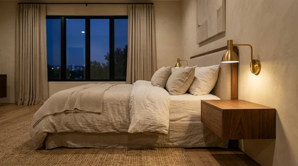 Lampe de chevet murale en laiton diffusant une lumière chaude 2700K au-dessus d'une table de nuit en noyer épurée, chambre parentale minimaliste style Architectural Digest — Tendre Veilleuse