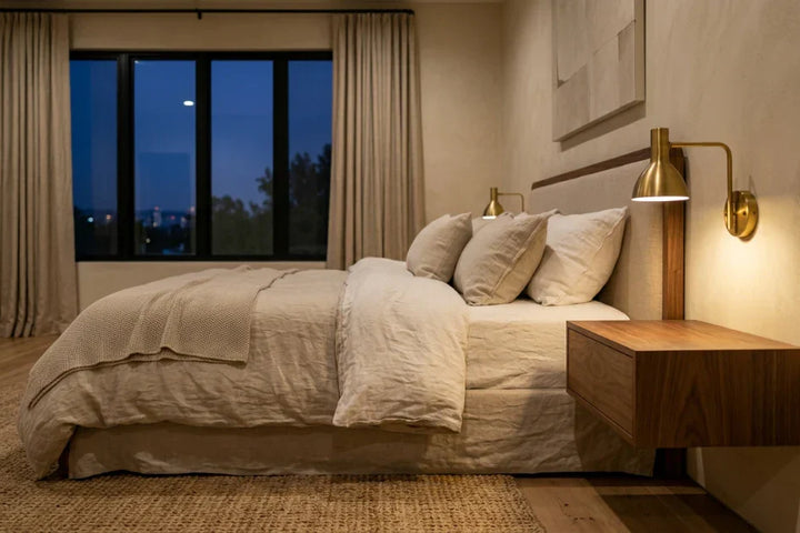 Lampe de chevet murale en laiton diffusant une lumière chaude 2700K au-dessus d'une table de nuit en noyer épurée, chambre parentale minimaliste style Architectural Digest — Tendre Veilleuse