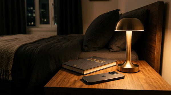 Lampe de chevet tactile rechargeable design champignon en métal brossé,  diffusant une lumière ambrée 2 700 K en halo sur table de nuit en noyer,  livre fermé et smartphone retourné, ambiance nocturne cocooning — Tendre Veilleuse