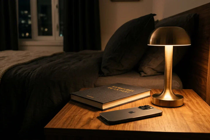 Lampe de chevet tactile rechargeable design champignon en métal brossé,  diffusant une lumière ambrée 2 700 K en halo sur table de nuit en noyer,  livre fermé et smartphone retourné, ambiance nocturne cocooning — Tendre Veilleuse