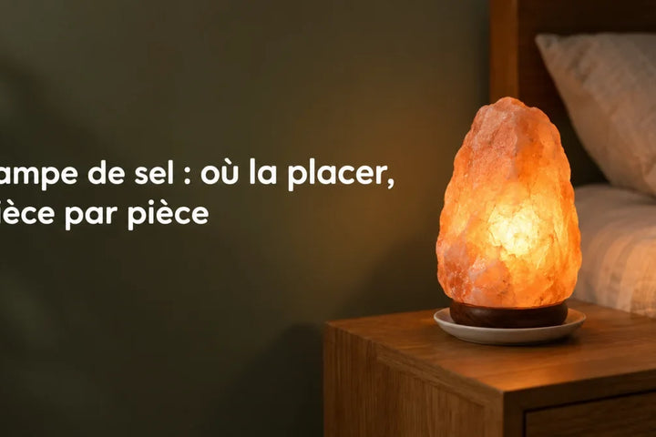 Lampe de sel de l'Himalaya allumée sur une table de nuit en bois, posée sur une soucoupe, chambre le soir – Tendre Veilleuse