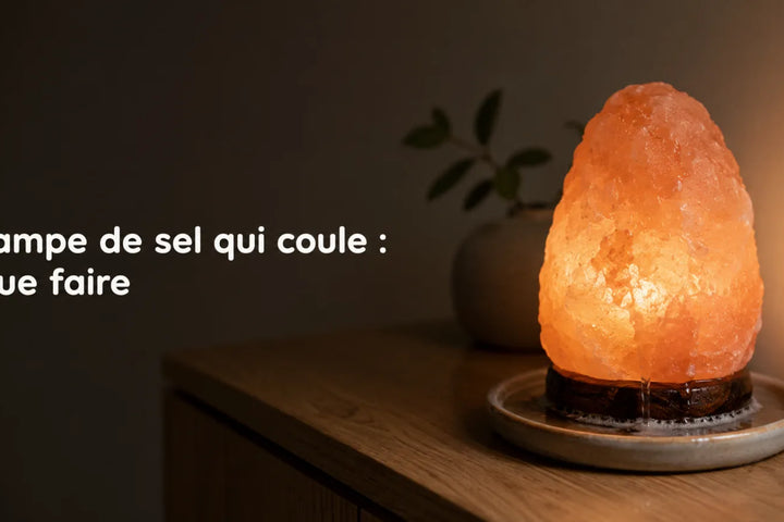 Lampe de sel de l'Himalaya qui coule sur son socle en bois, gouttes d'eau salée et soucoupe sous le socle – Tendre Veilleuse