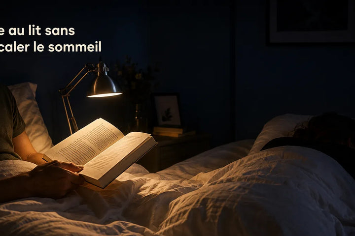 Lampe pour lire au lit éclairant seulement la page d'un livre, dormeur voisin dans l'ombre — Tendre Veilleuse