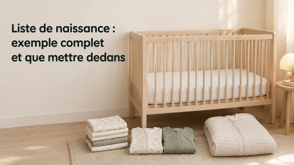 Liste de naissance exemple : berceau vide, gigoteuse, langes et pyjamas prêts à côté, Tendre Veilleuse