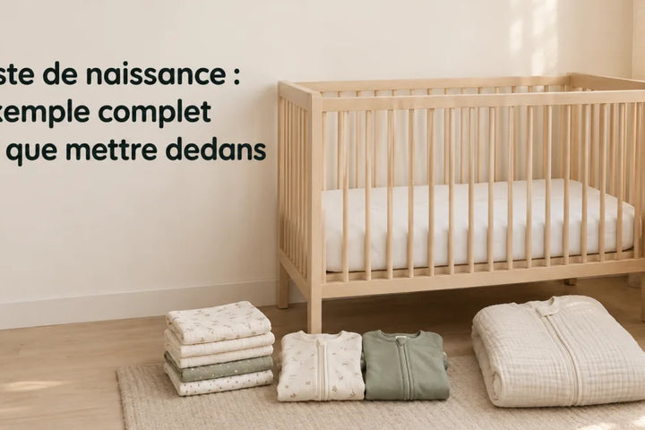 Liste de naissance exemple : berceau vide, gigoteuse, langes et pyjamas prêts à côté, Tendre Veilleuse