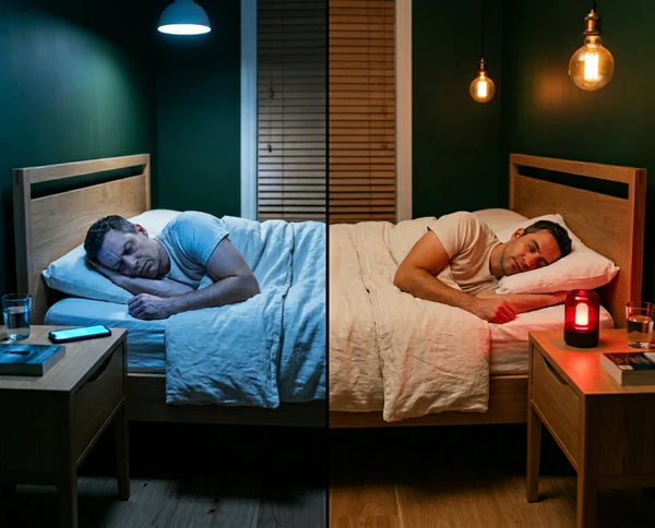 Chambre nuit comparaison : lumière bleue froide 5000K (gauche) vs lumière ambre chaude 1800K (droite), impact sur le sommeil adulte — Tendre Veilleuse