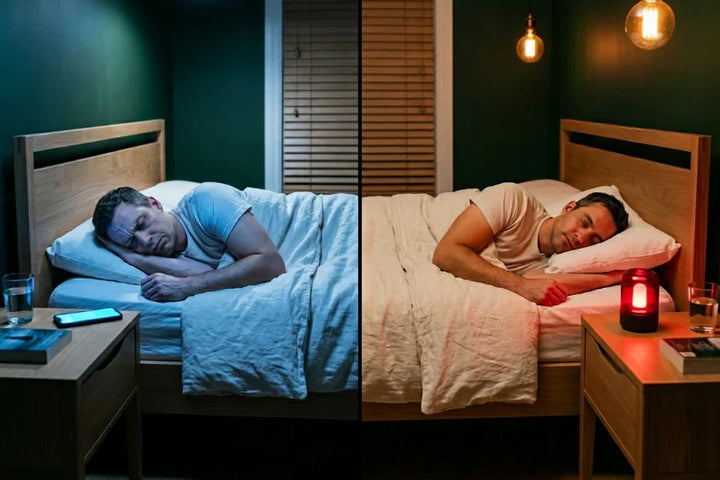 Chambre nuit comparaison : lumière bleue froide 5000K (gauche) vs lumière ambre chaude 1800K (droite), impact sur le sommeil adulte — Tendre Veilleuse