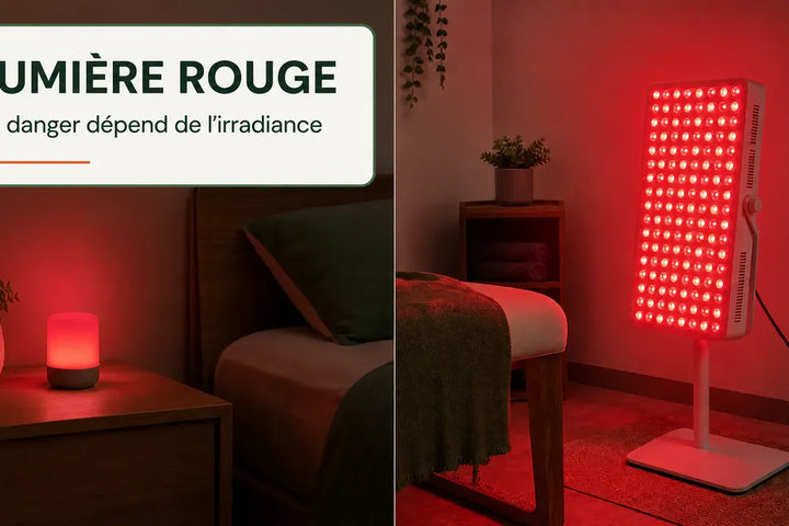 Lumière rouge et danger pour les yeux, comparaison entre veilleuse et panneau selon l'irradiance, Tendre Veilleuse