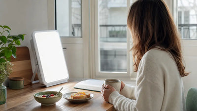 Luminothérapie avec lampe 10 000 lux pendant une séance matinale au petit-déjeuner, Tendre Veilleuse