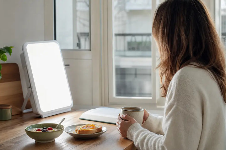 Luminothérapie avec lampe 10 000 lux pendant une séance matinale au petit-déjeuner, Tendre Veilleuse