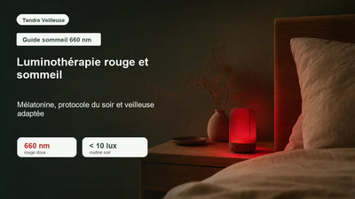 Veilleuse lumière rouge 660 nm allumée sur table de nuit dans une chambre sombre, luminothérapie rouge sommeil mélatonine et protocole du soir Tendre Veilleuse