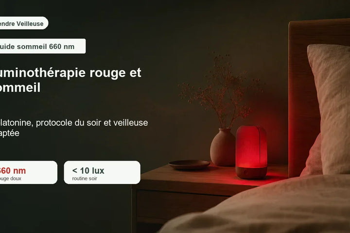 Veilleuse lumière rouge 660 nm allumée sur table de nuit dans une chambre sombre, luminothérapie rouge sommeil mélatonine et protocole du soir Tendre Veilleuse