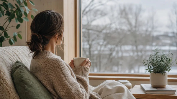 Adulte près d'une fenêtre sous une lumière d'hiver faible, symptômes du manque de soleil et de lumière, Tendre Veilleuse