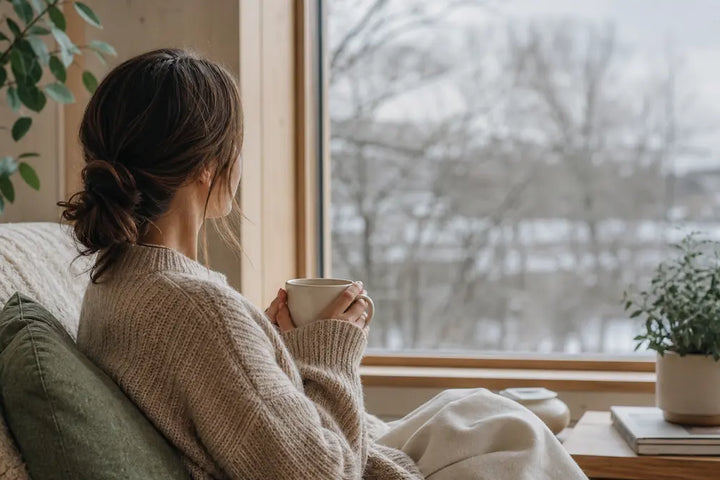 Adulte près d'une fenêtre sous une lumière d'hiver faible, symptômes du manque de soleil et de lumière, Tendre Veilleuse