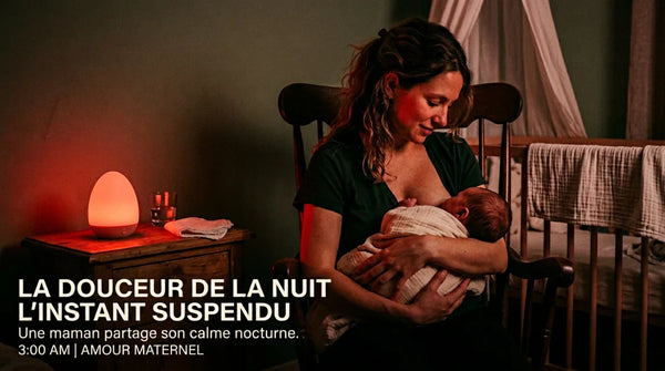Mère allaitant son nourrisson la nuit sous veilleuse lumière rouge, prévenant l'engorgement et la mastite allaitement