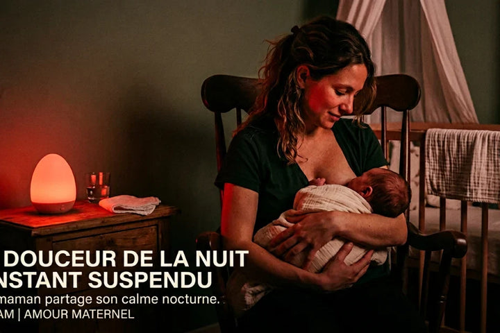 Mère allaitant son nourrisson la nuit sous veilleuse lumière rouge, prévenant l'engorgement et la mastite allaitement