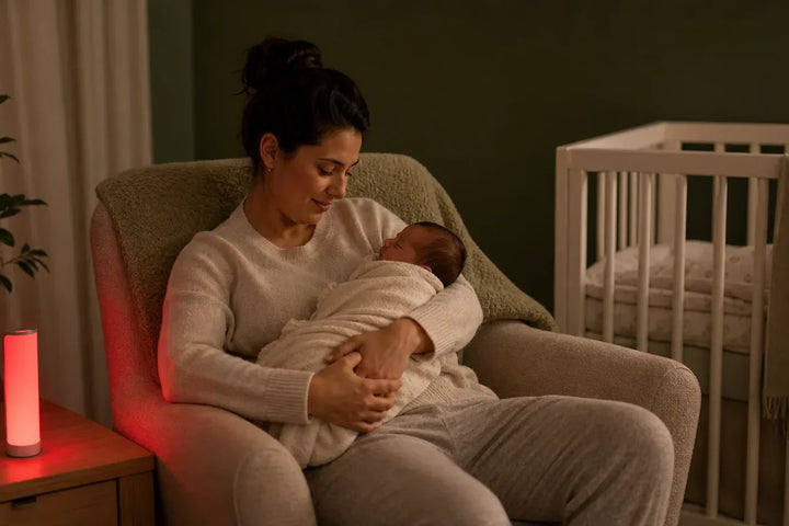 Mastite allaitement et tetee de nuit avec maman tenant un nouveau-ne pres d une veilleuse rouge 670 nm en chambre bebe