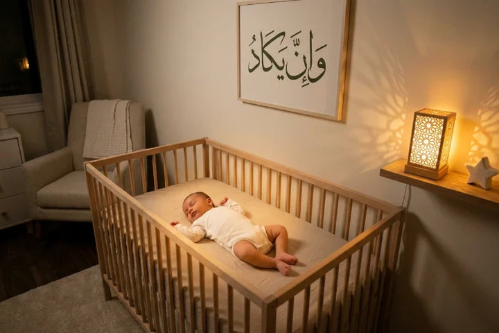 Bébé endormi dans sa chambre protégée par une veilleuse coranique lumière ambrée — Tendre Veilleuse