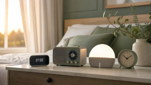 Comparatif des meilleurs réveils 2026 dans une chambre avec réveil lumineux et radio-réveil