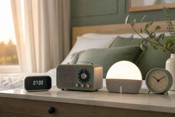 Comparatif des meilleurs réveils 2026 dans une chambre avec réveil lumineux et radio-réveil
