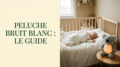 guide d'achat meilleure peluche bruit blanc bébé, koala veilleuse ambrée posé sur table de chevet à distance sécurité, berceau bois nourrisson endormi, Tendre Veilleuse