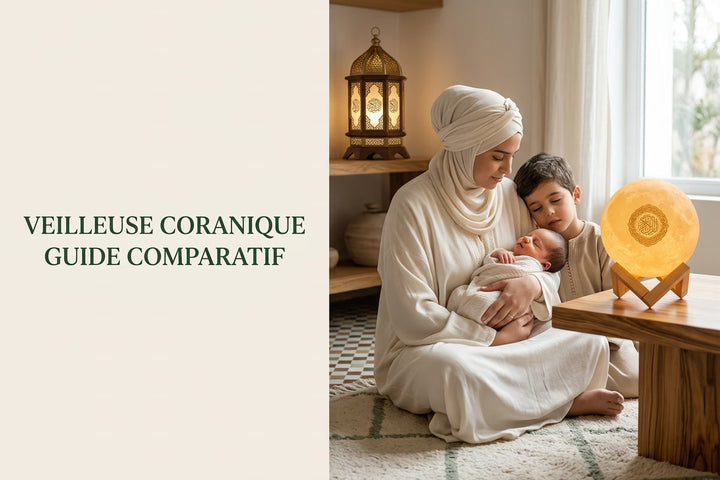 Famille musulmane apaisée avec veilleuse coranique Lune de Sakina —  Guide comparatif expert 2026 par Thomas, Tendre Veilleuse