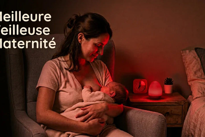 Maman qui allaite son nouveau-né la nuit sous veilleuse lumière rouge, chambre cocooning fond beige chaud — Tendre Veilleuse