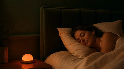 Mélatonine adulte et sommeil apaisé, chambre de nuit éclairée par une veilleuse à lumière rouge sans lumière bleue