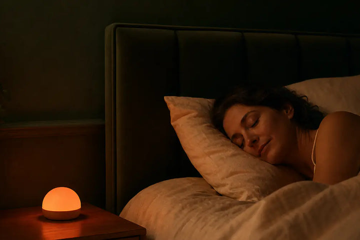 Mélatonine adulte et sommeil apaisé, chambre de nuit éclairée par une veilleuse à lumière rouge sans lumière bleue