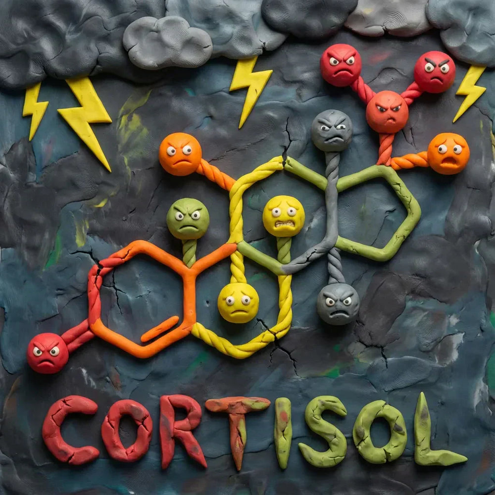 Illustration en pâte à modeler de la molécule de cortisol, l'hormone du stress. Les atomes sont représentés par des visages en colère sur un fond d'orage menaçant avec des éclairs, et le mot CORTISOL est inscrit en bas en lettres d'argile.