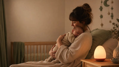 Parent tenant son bébé en peau à peau dans une chambre douce avec veilleuse rouge ambre, ocytocine hormone du lien et rituel du soir Tendre Veilleuse