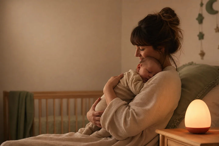 Parent tenant son bébé en peau à peau dans une chambre douce avec veilleuse rouge ambre, ocytocine hormone du lien et rituel du soir Tendre Veilleuse