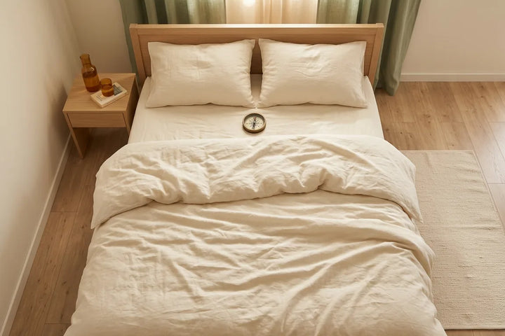 Orientation du lit et sommeil : boussole posée sur la couette d'un lit double vu de dessus dans une chambre adulte — Tendre Veilleuse
