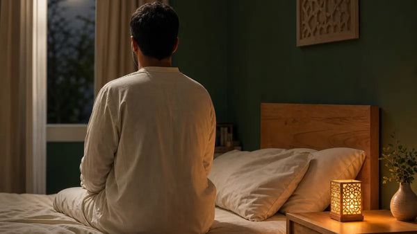 Paralysie du sommeil et protection en islam, chambre nocturne apaisée éclairée par une veilleuse coranique, Tendre Veilleuse