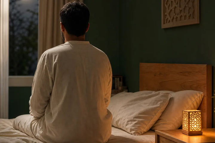 Paralysie du sommeil et protection en islam, chambre nocturne apaisée éclairée par une veilleuse coranique, Tendre Veilleuse