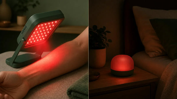 Deux lumières rouges comparées : soin de photobiomodulation concentré sur la peau à gauche, veilleuse rouge douce de chambre à droite, Tendre Veilleuse