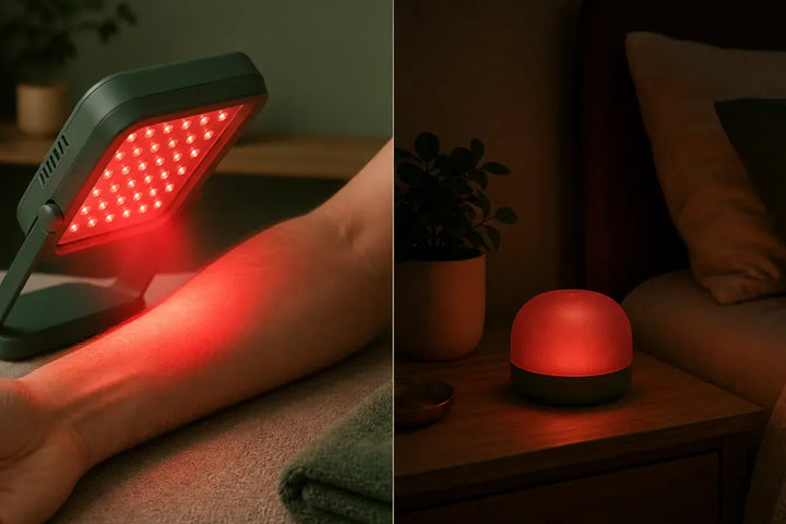 Deux lumières rouges comparées : soin de photobiomodulation concentré sur la peau à gauche, veilleuse rouge douce de chambre à droite, Tendre Veilleuse