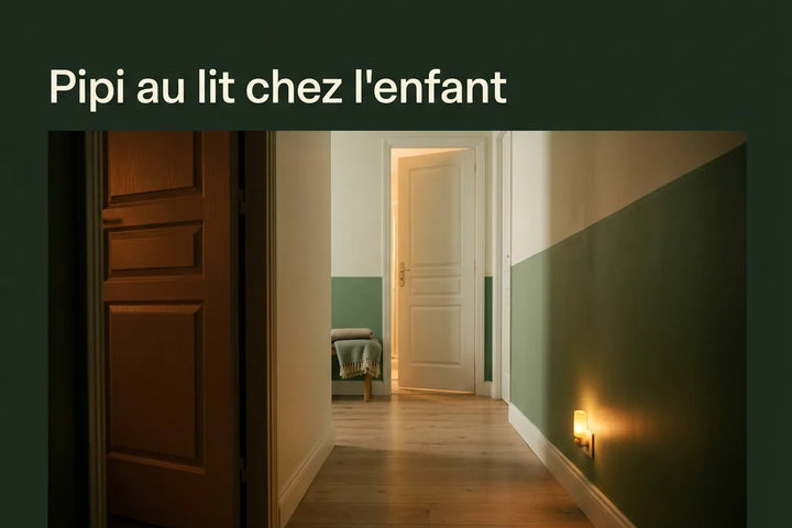 Couloir de maison éclairé faiblement la nuit par une veilleuse chaude au sol, porte de chambre entrouverte, Tendre Veilleuse