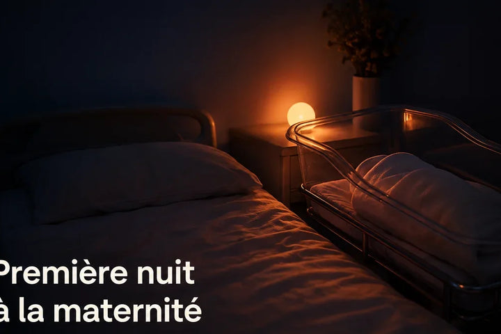 Première nuit à la maternité : berceau d'hôpital éclairé par une veilleuse rouge posée sur la tablette — Tendre Veilleuse