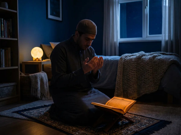 Croyant en prière (Tahajjud) dans une chambre sombre éclairée par la lumière chaude et apaisante d'une veilleuse coranique lune durant le dernier tiers de la nuit.