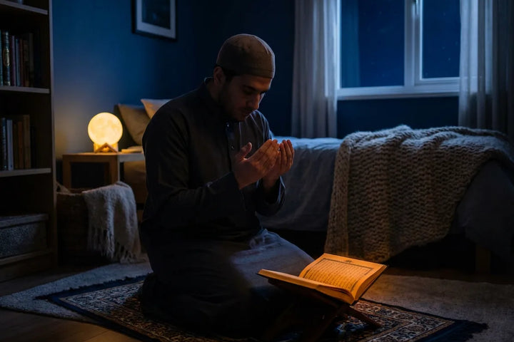 Croyant en prière (Tahajjud) dans une chambre sombre éclairée par la lumière chaude et apaisante d'une veilleuse coranique lune durant le dernier tiers de la nuit.