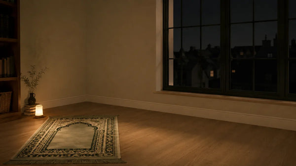 Tapis de prière déroulé devant une fenêtre en pleine nuit, éclairé par une lumière chaude et basse
