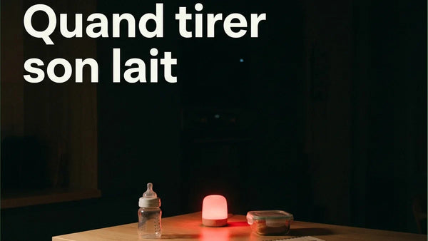 Matériel pour tirer son lait la nuit posé sur un plan de travail éclairé par une veilleuse rouge, Tendre Veilleuse