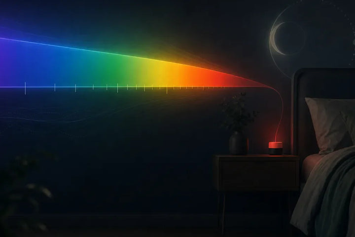 Spectre des couleurs de lumière et effet sur le sommeil, veilleuse rouge allumée dans une chambre sombre